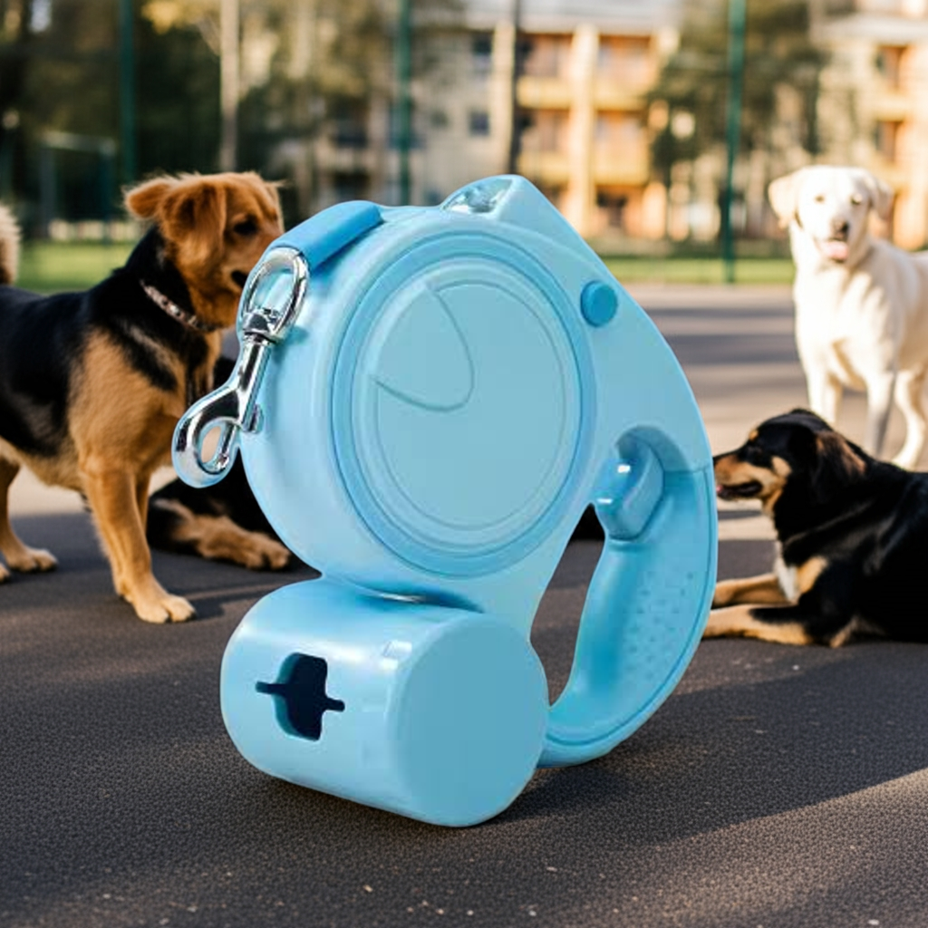 Retractable Pet Leash with Flashlight and Poopbag Dispenser